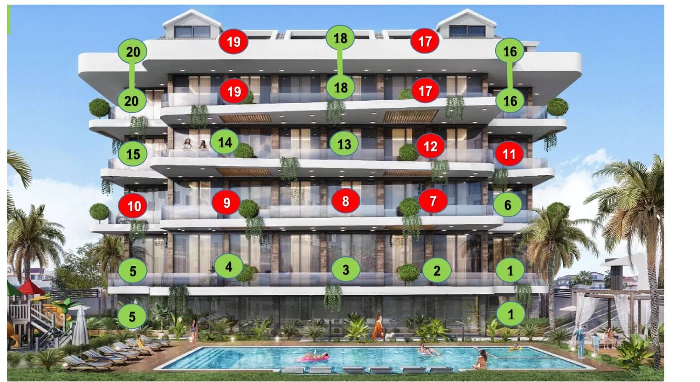 Расположение квартир на фасаде Sunrise Alanya